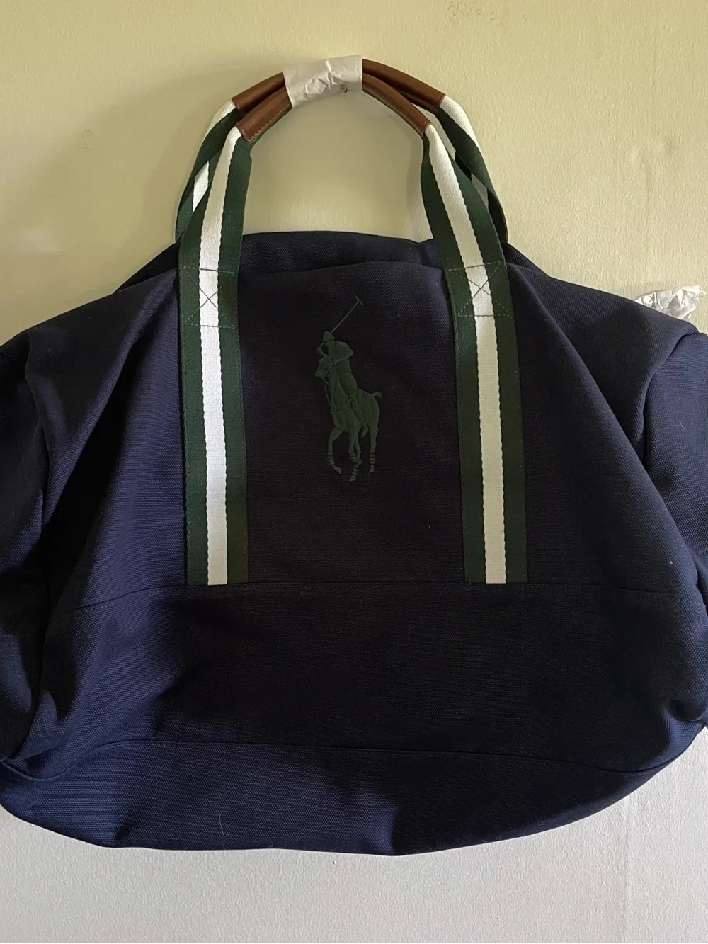 Ralph Lauren Wimbledon Navy Canvas Tote with Green & White Striped Handles